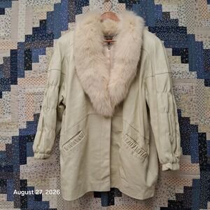 VTG J Percy Marvin Richards Leather Jacket Fox Fur Collar Cream Size M Pockets